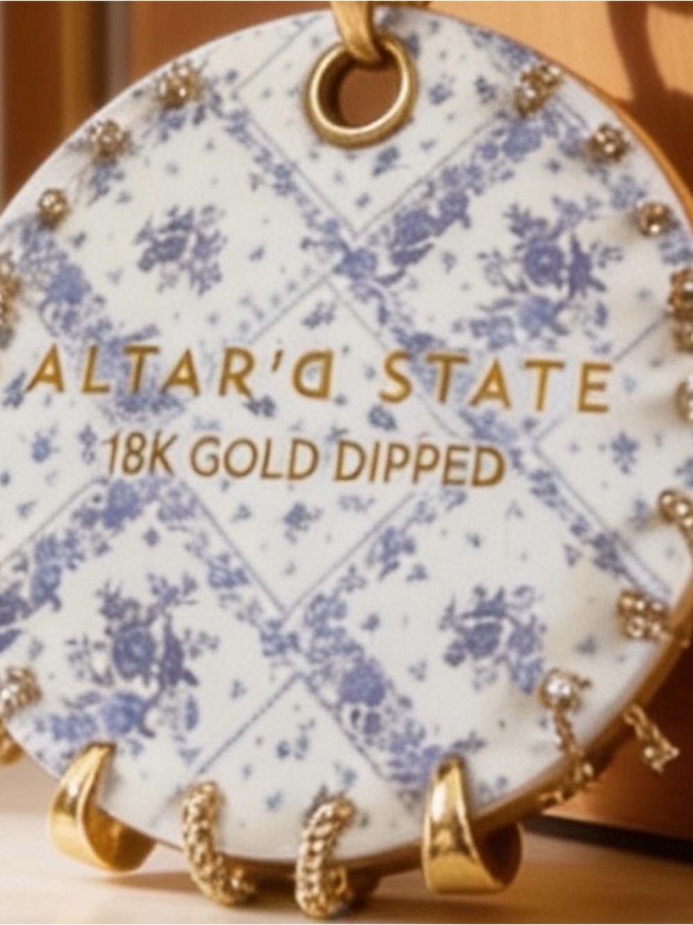 Altar'd State White and Blue Decorative Jewelry Tag with Gold Accents